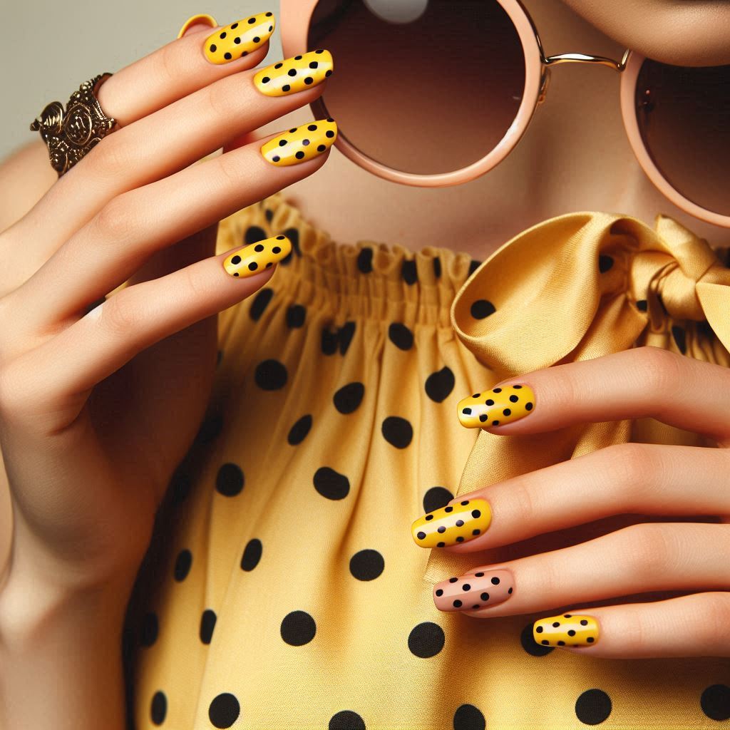 Yellow Nails with Black Polka Dots for a Retro Feel