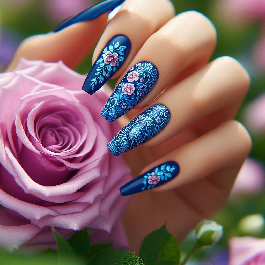 Floral Royal Blue Acrylic Nails for a Feminine Touch