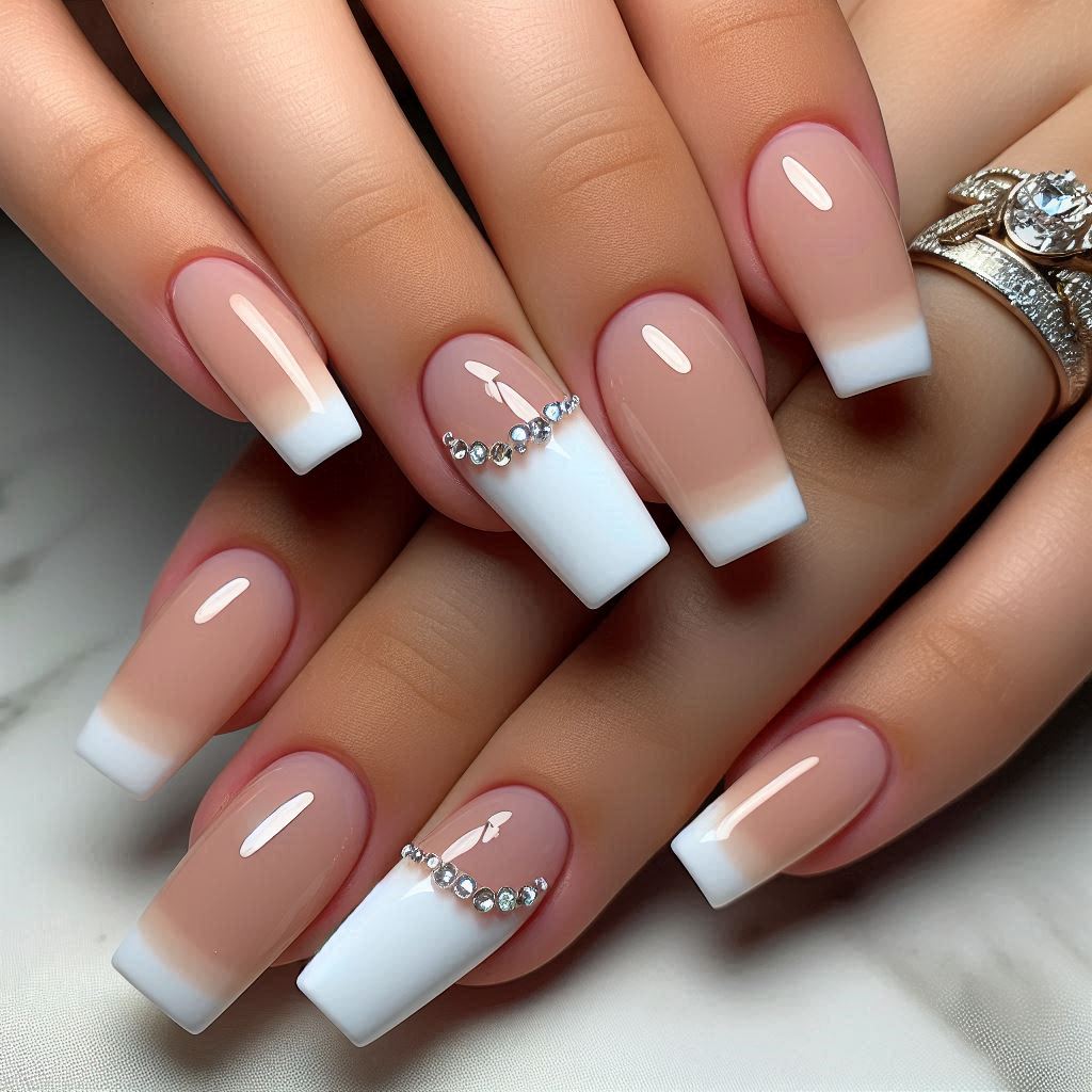 Short Square French Tip Acrylic Nails with Bling Elegance