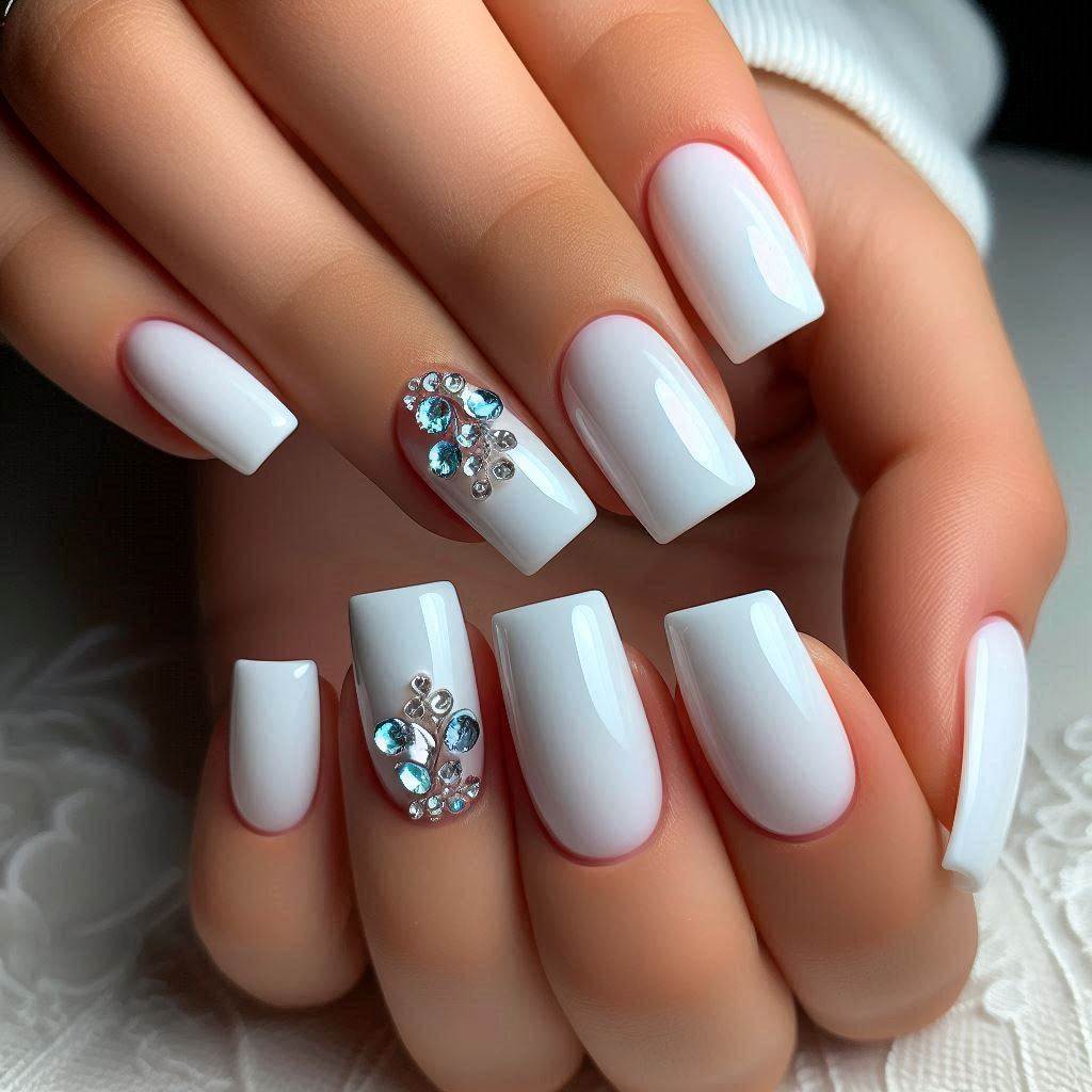 Short White Acrylic Nails Square with Bling Magic