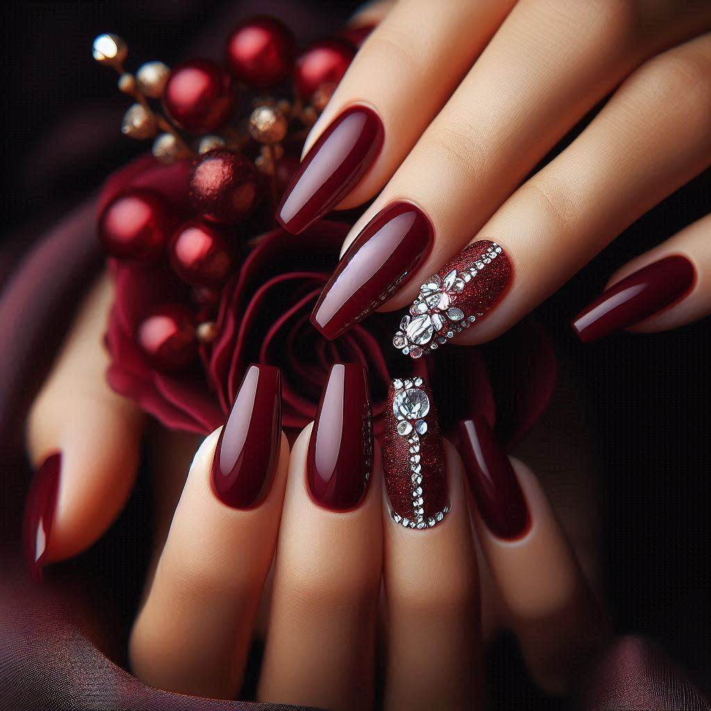 Burgundy Nails with Rhinestones 