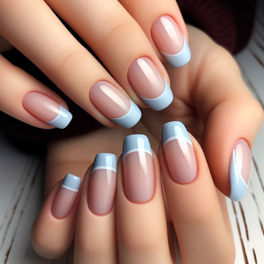 French Tip Nails Light Blue