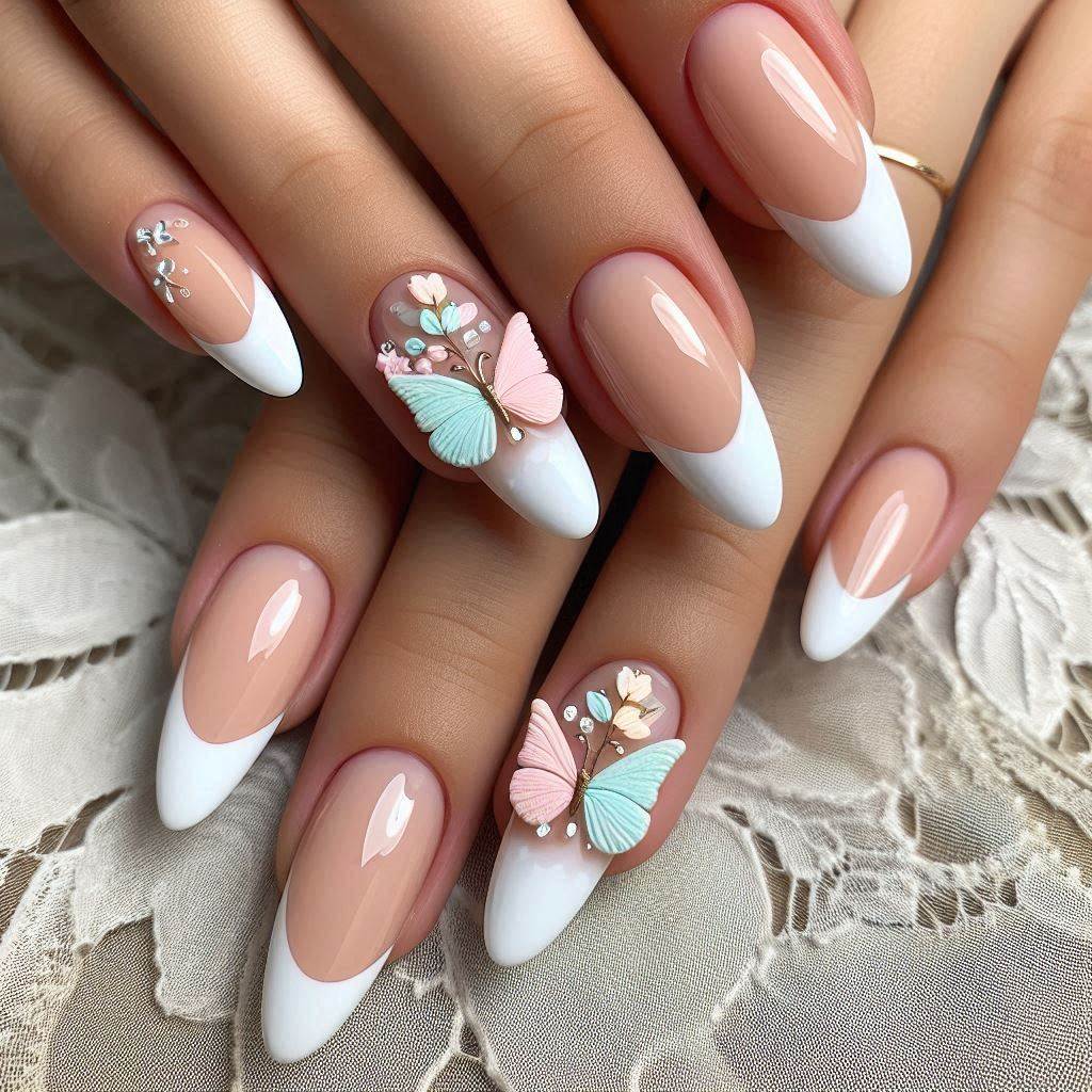 3D Butterfly French Tip Nails Almond