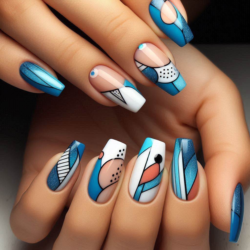 Blue French Tips with Abstract Art