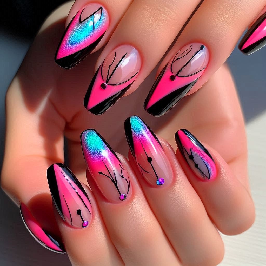 Pink and Black Neon Nails