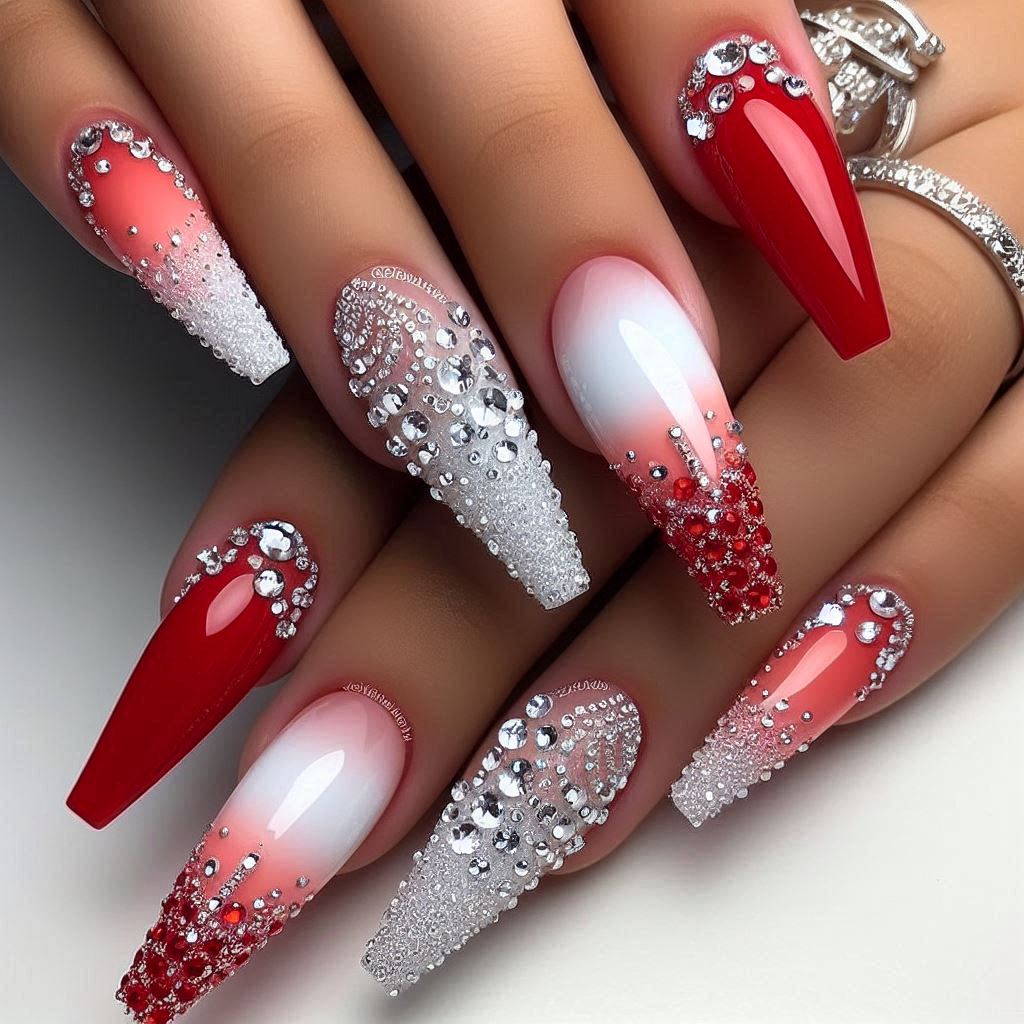 Red and White Ombré with Rhinestones