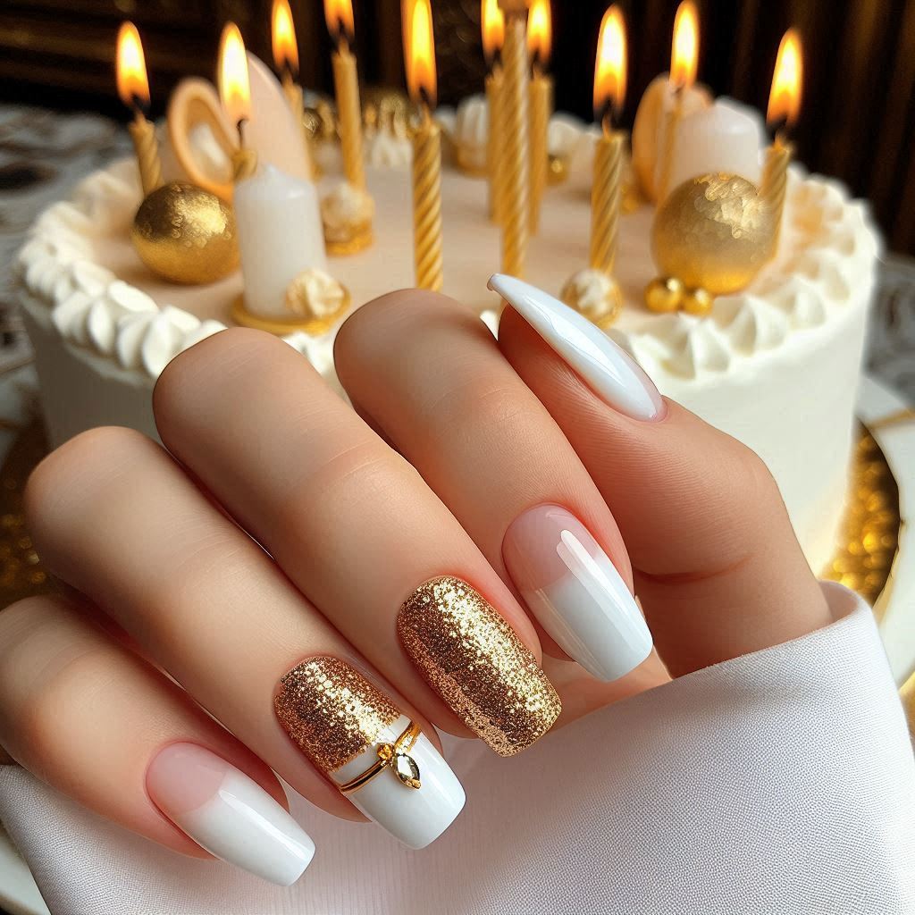 Chic Short Gold & White Birthday Nails