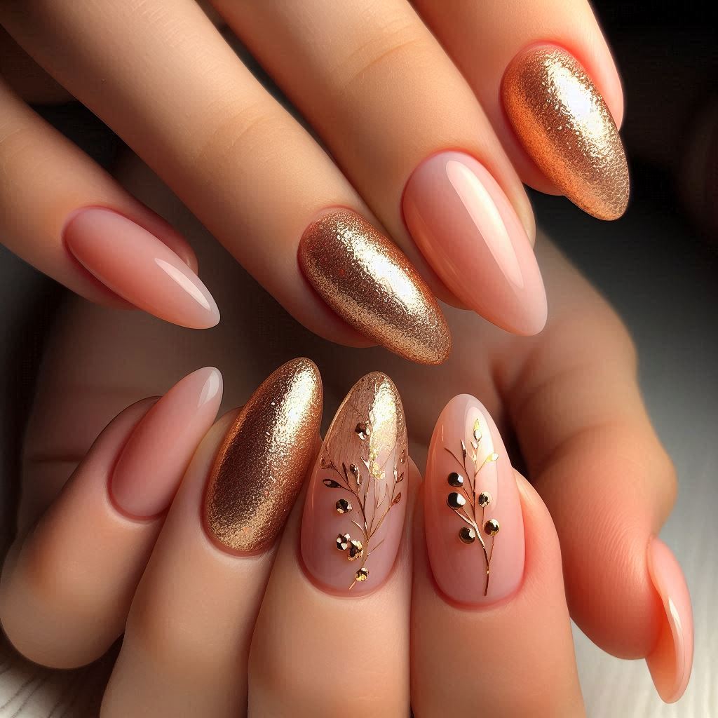 Girly Acrylic Nails Peach and Gold