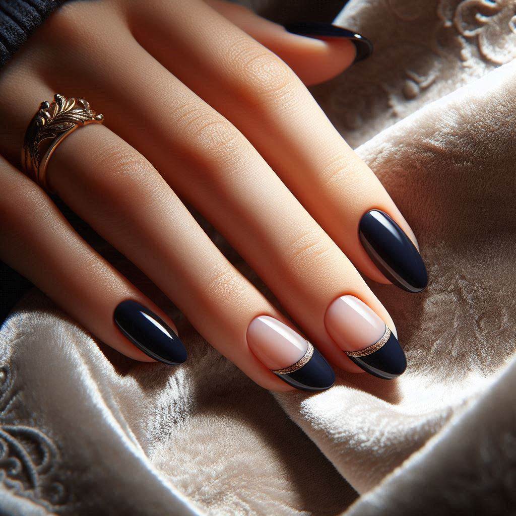 Short Almond French Tip Nails Dark Blue – Mysterious & Elegant