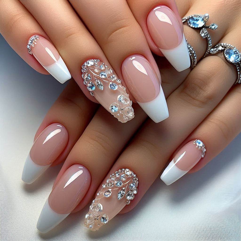 Short French Tip Acrylic Nails with Bling for Everyday Glam