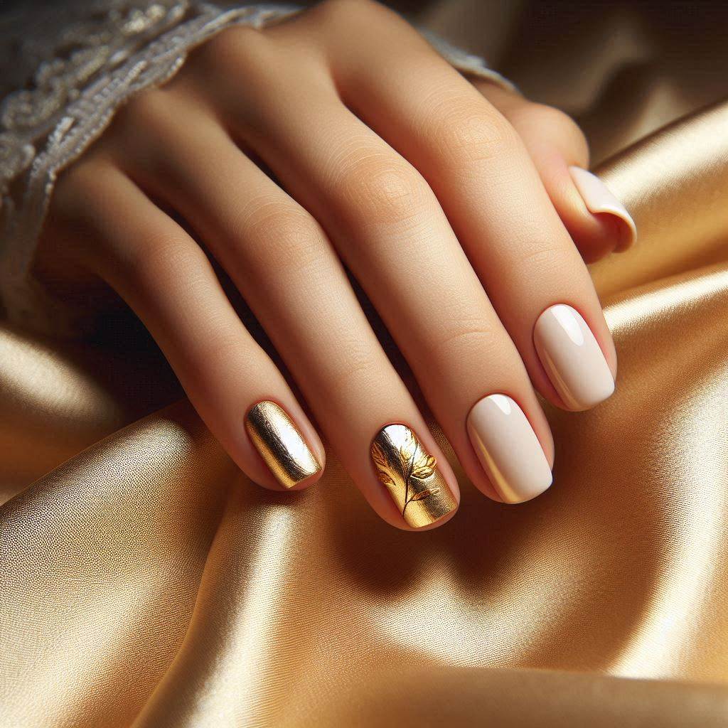 Short White Nails with Gold Foil 