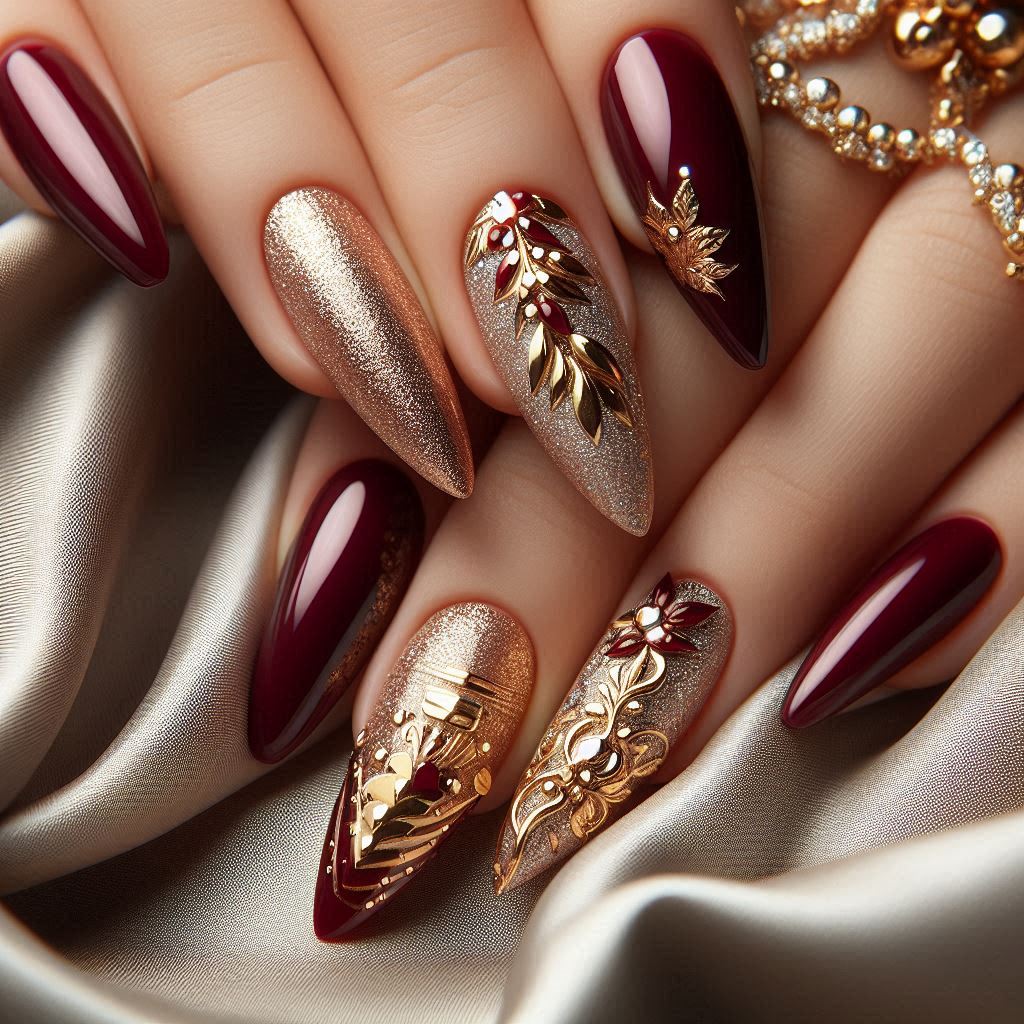 Burgundy and Gold Nails