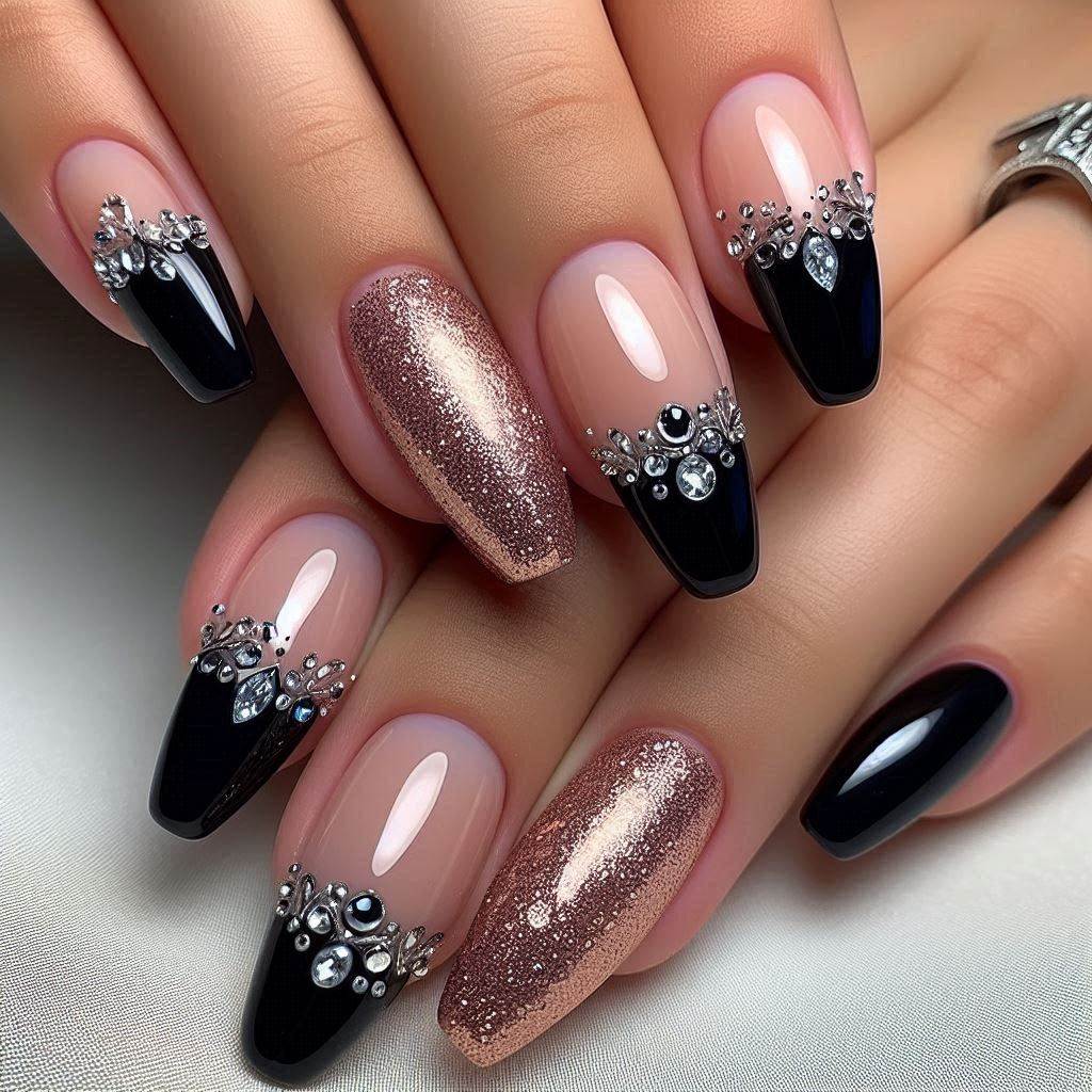  Black French Tip Nails with Silver Bling for a Bold Statement