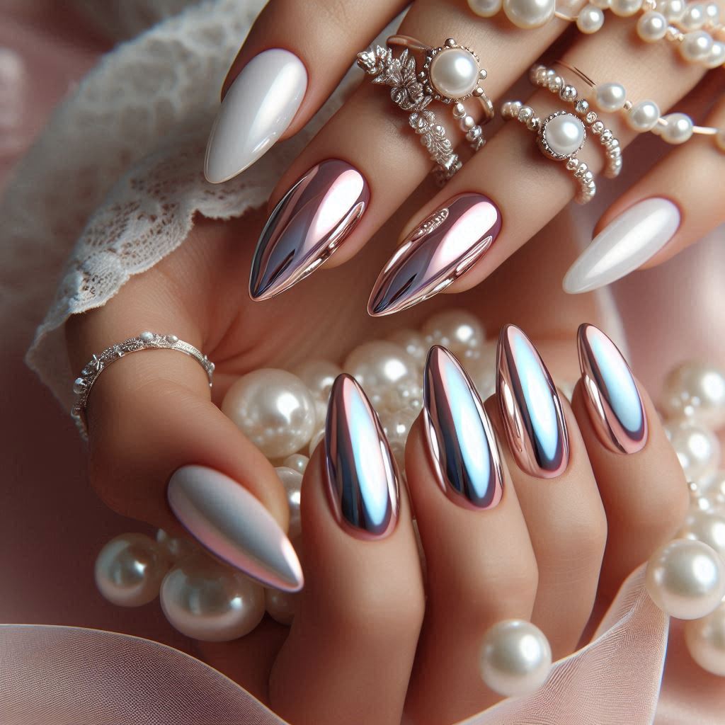 White Chrome Almond Nails