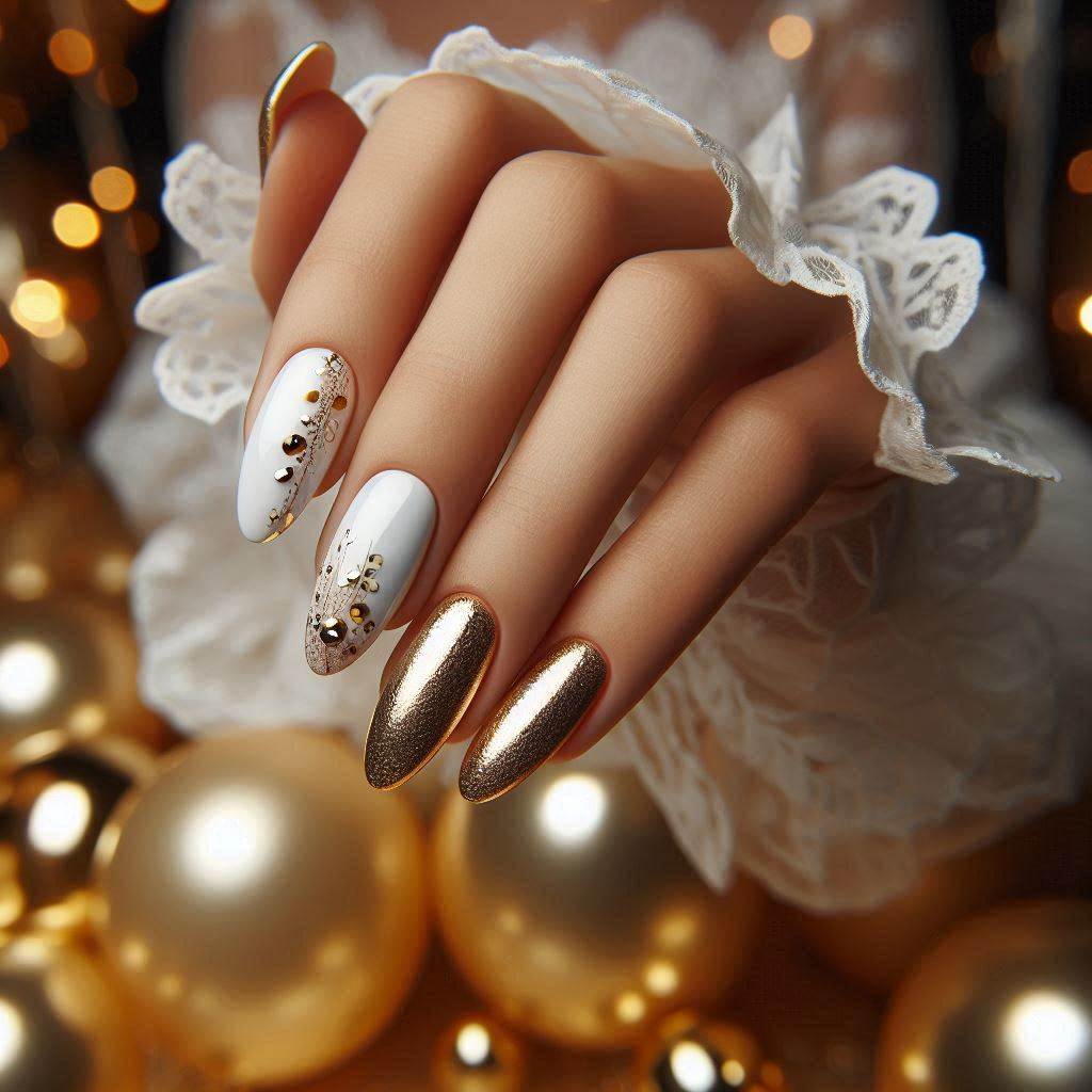 Elegant Gold & White Almond Birthday Nails