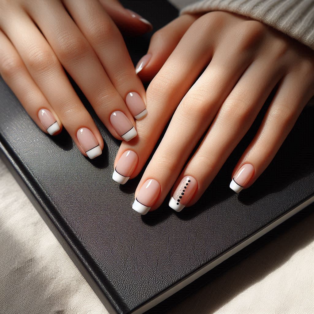 Short French Tip Nails with Minimalist Dots