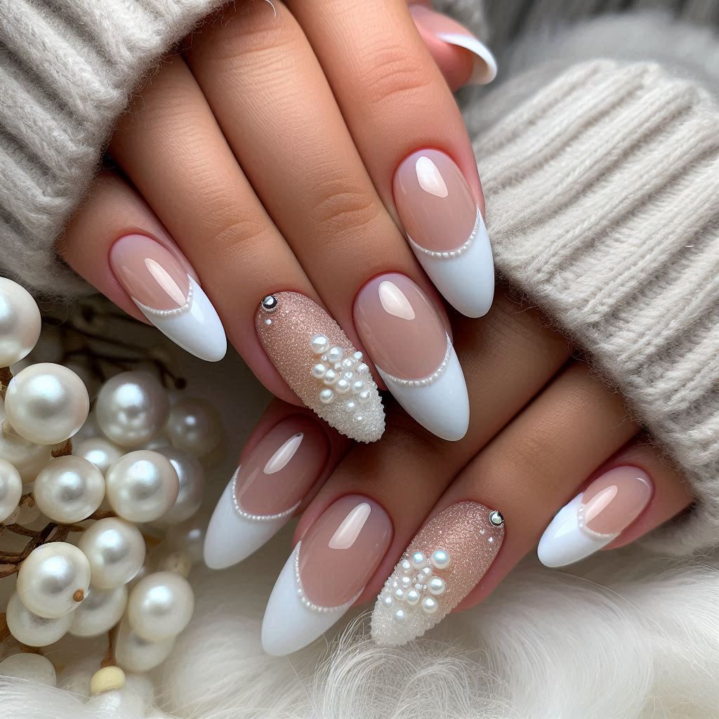  Velvet Textured 3D French Tip Nails Almond 