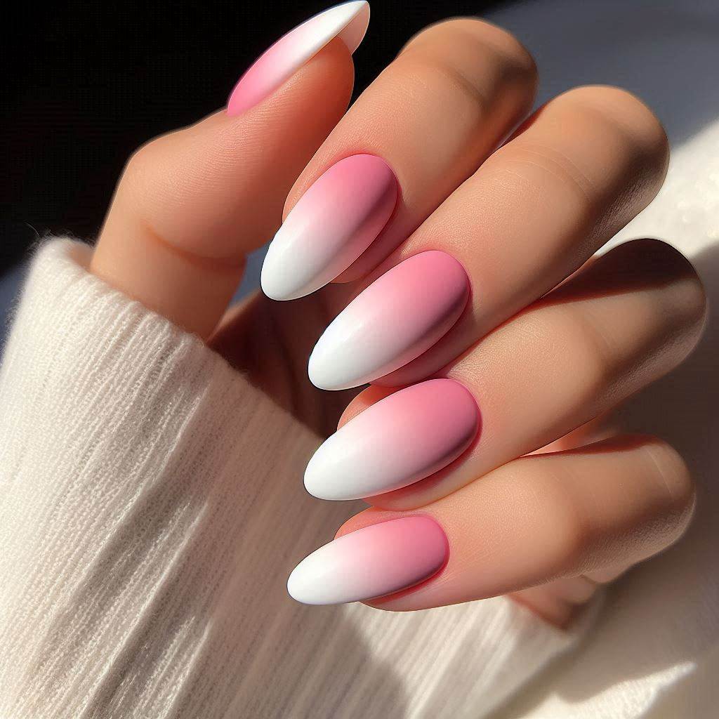 Short Almond Shape Pink and White Ombre Nails