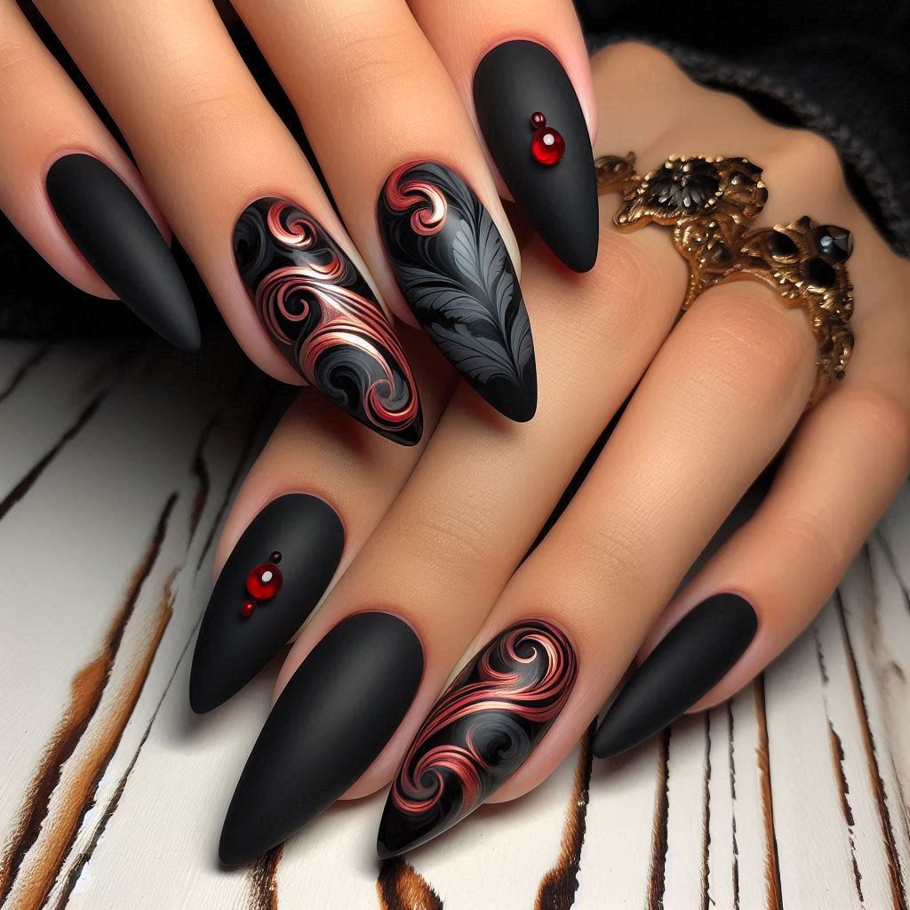 Matte Black with Red Marble Swirls