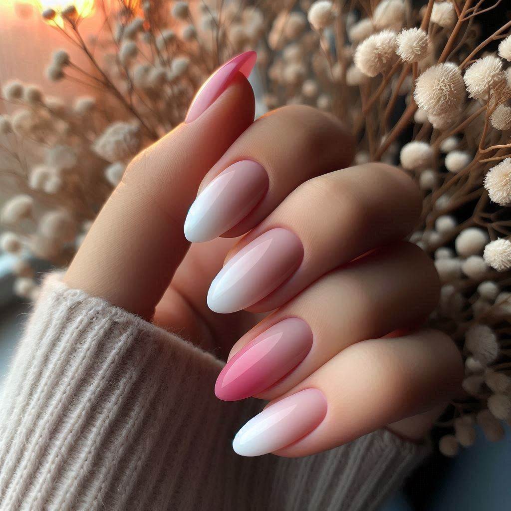 Pink and White Ombre Nails Design Short Almond