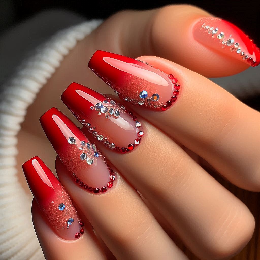 Short Red French Tip Nails with Rhinestones