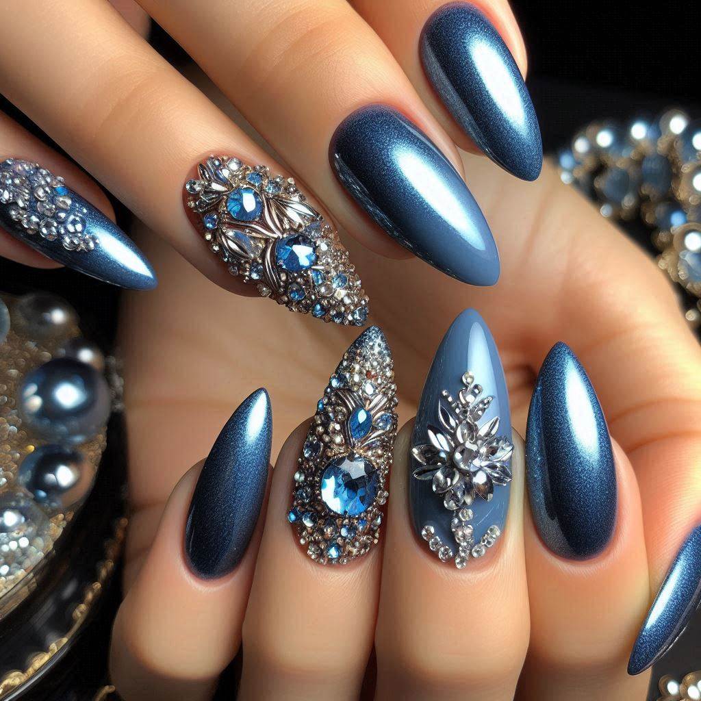 Almond Shaped Nails Designs Classy Bling Rhinestones Blue 