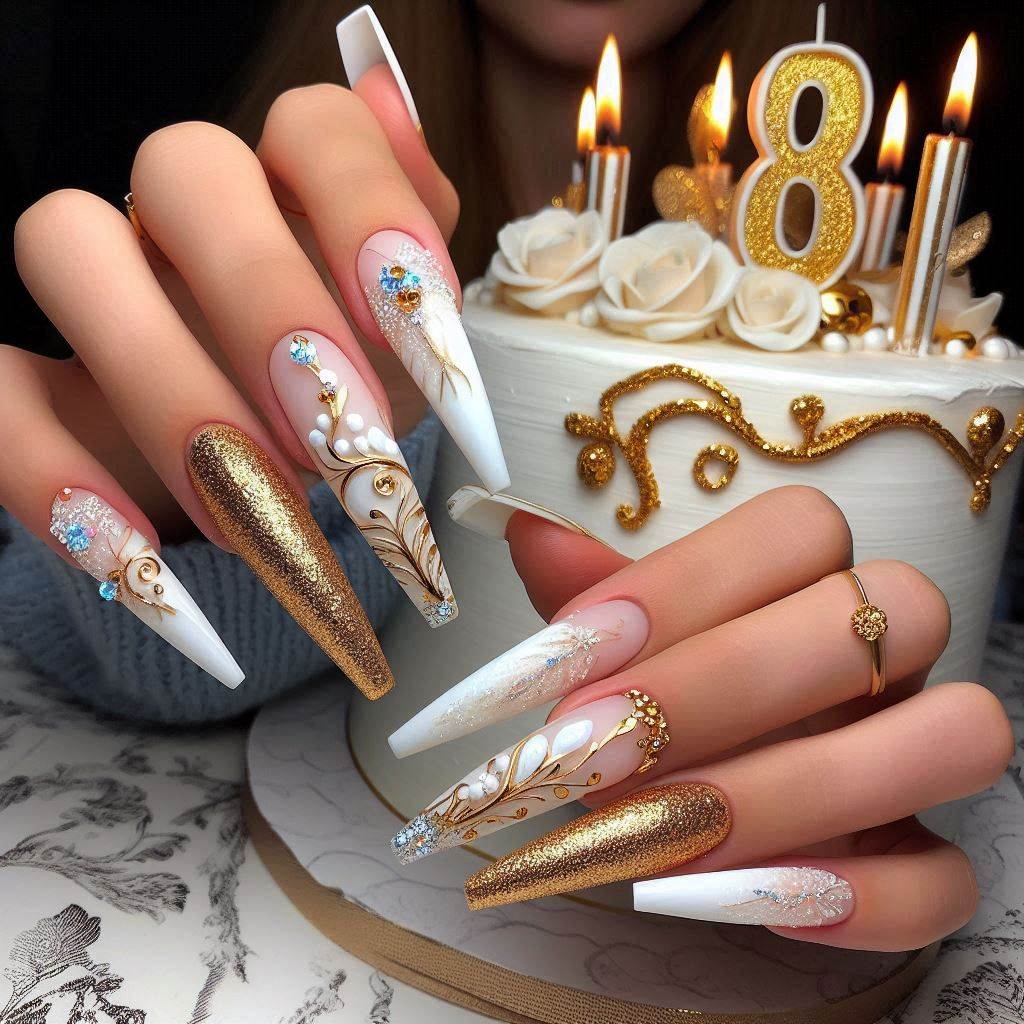  18th Birthday Nails White and Gold with Glitter