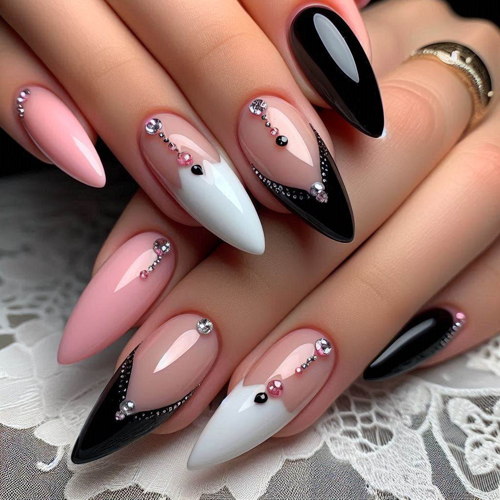  Black and Pink Birthday Nails Almond