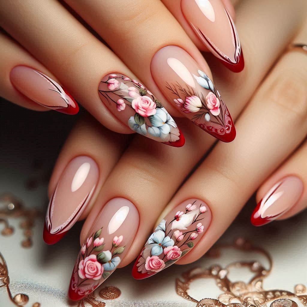 Red French Tip Nails with Floral Designs for a Romantic Touch