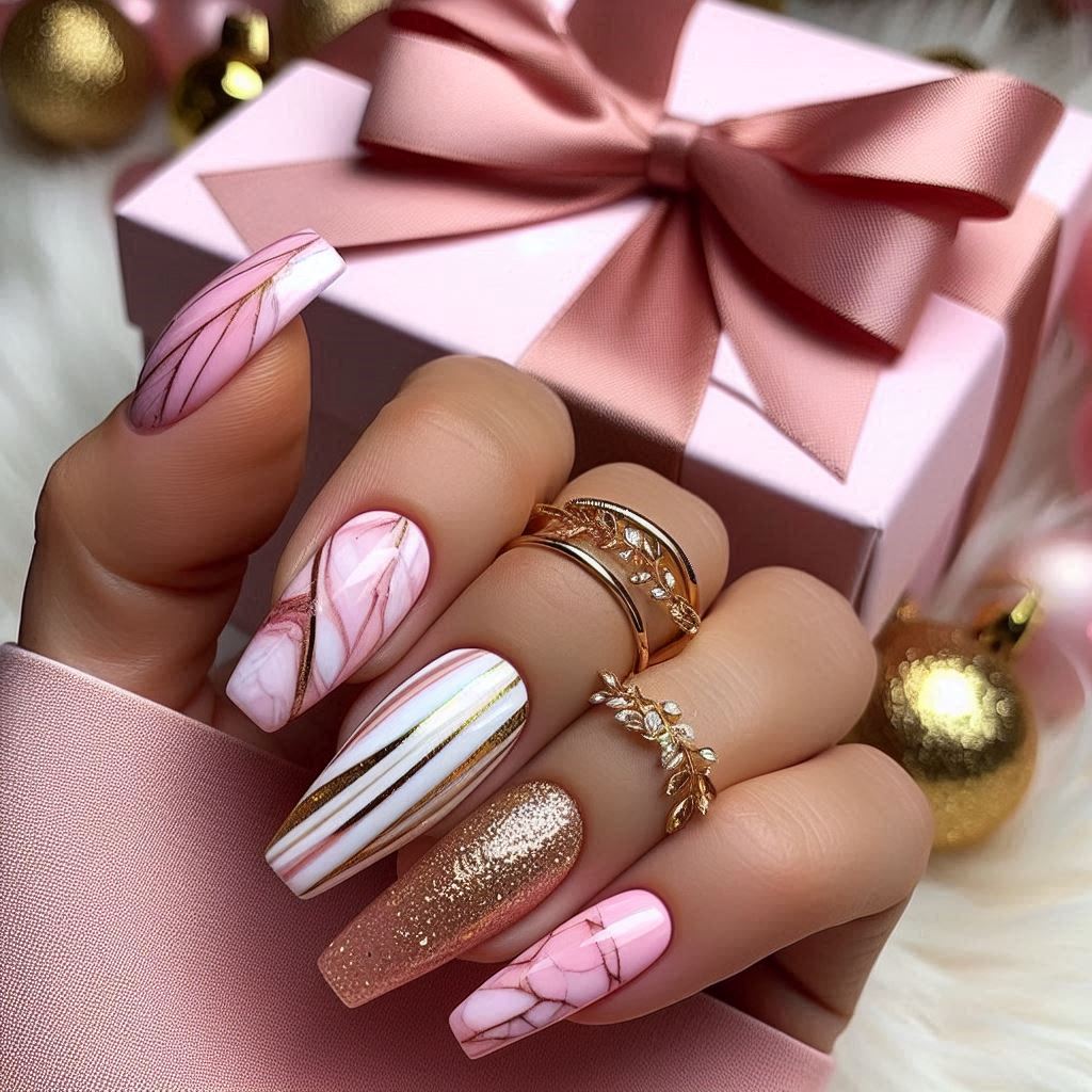 Pink, White, and Gold Glam Birthday Nails