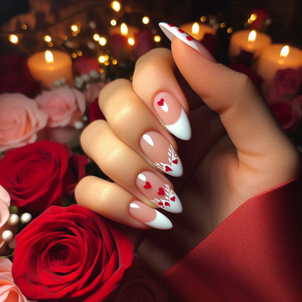 Short Almond French Tip Nails with Heart Accents – Romantic & Sweet