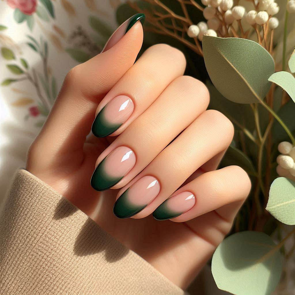 Green Short Almond Nails French Tip