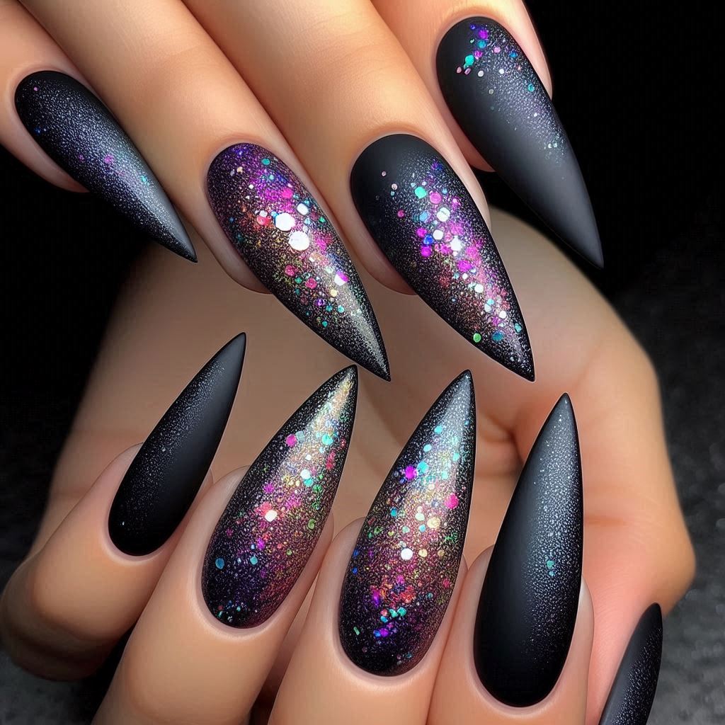 Silver Starlight: Matte Black with Holographic Glitter Ombre