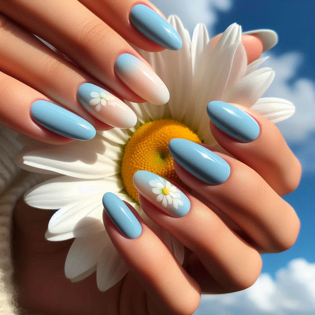 Sky Blue Serenity Short Almond Nails