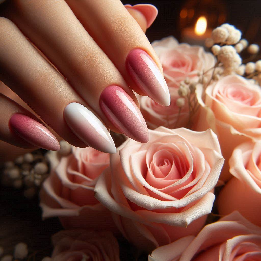 Rose Pink and White Ombre Almond Nails for a Romantic Touch