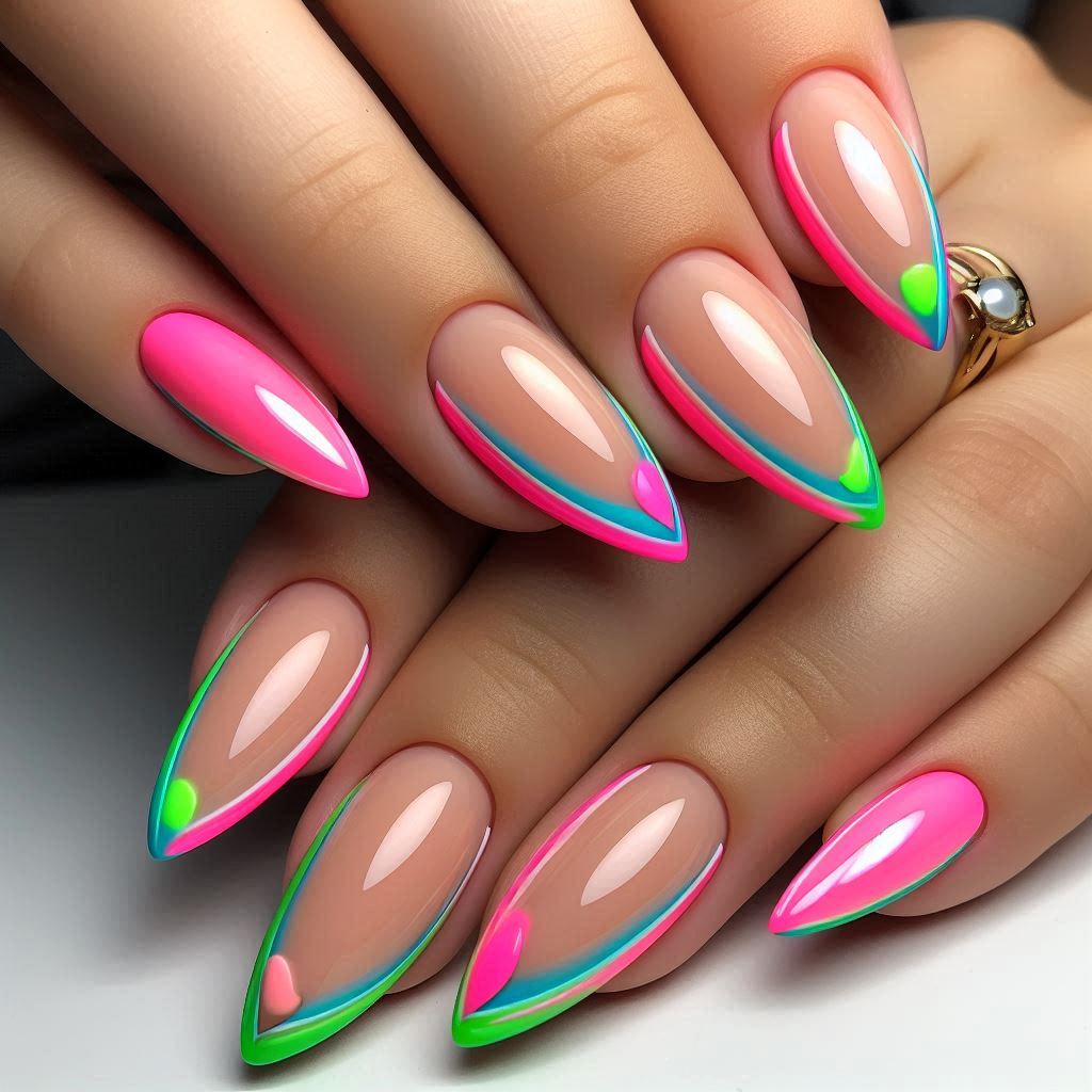 Neon French Tips Almond Nails