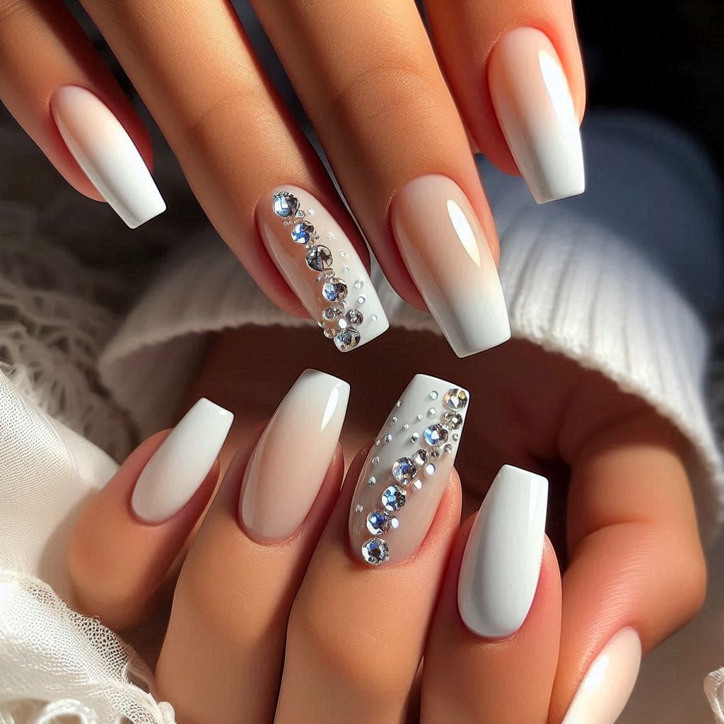 White Bling Acrylic Nails Short