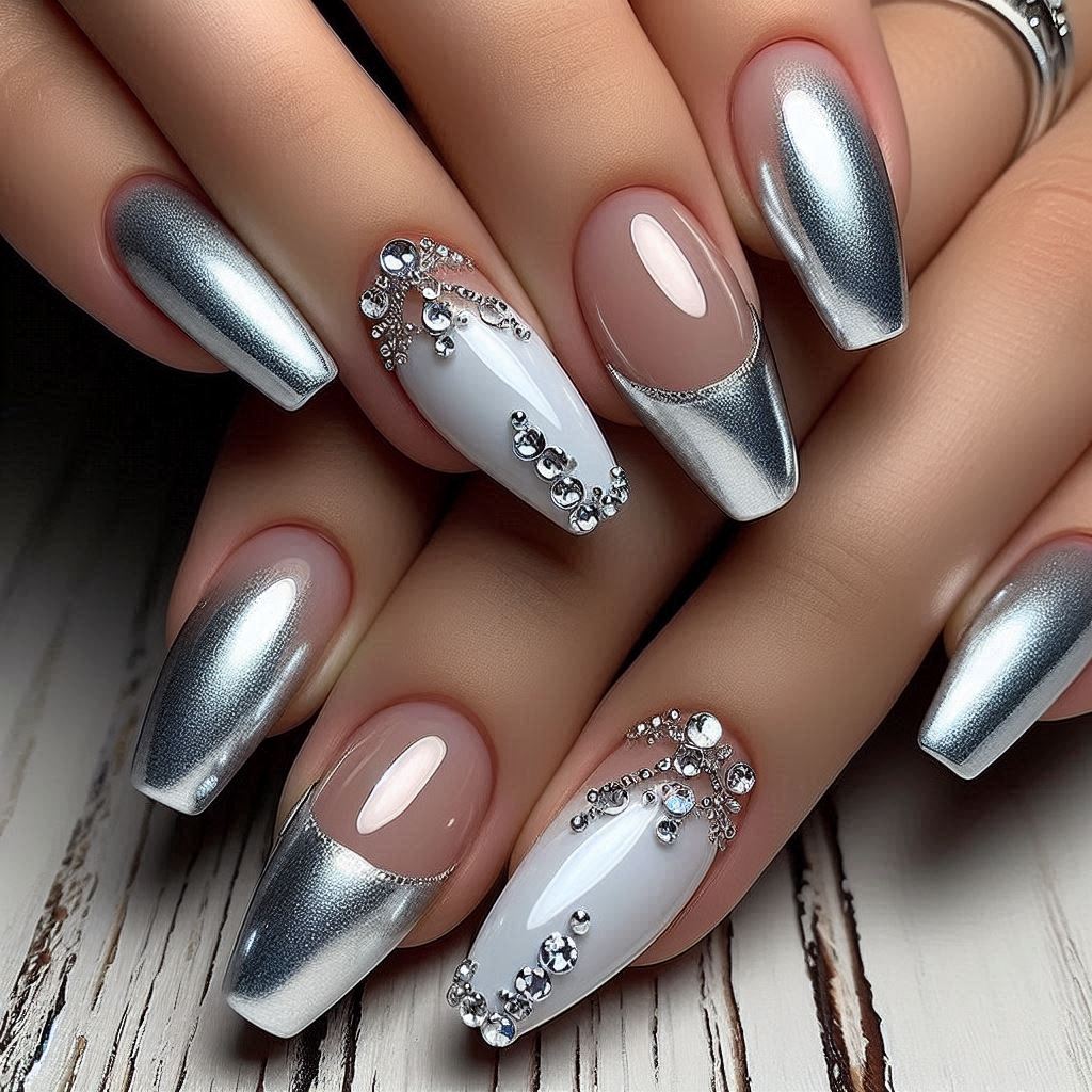 Silver French Tip Nails with Bling for a Futuristic Glow