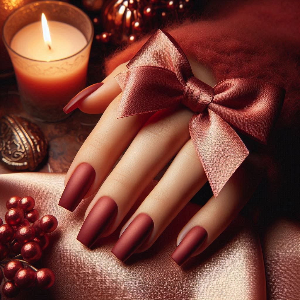 Velvet Red Nails with 3D Satin Bow