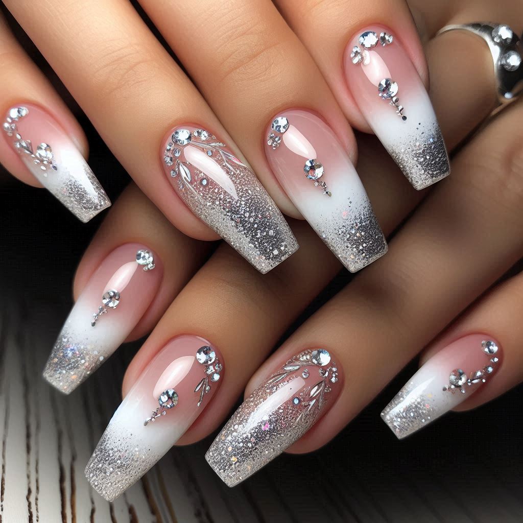 Glitter French Tip Nails with Bling for a Sparkling Statement