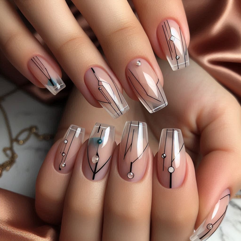 Abstract Geometric Micro French Nails