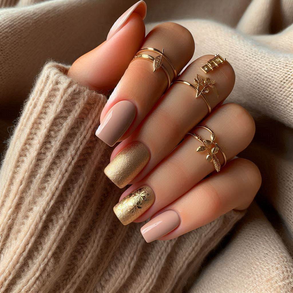 Nude & Gold Square Nails