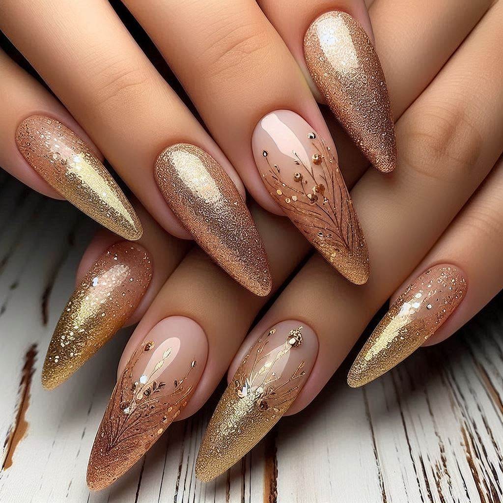 Girly Acrylic Nails Gold Glitter