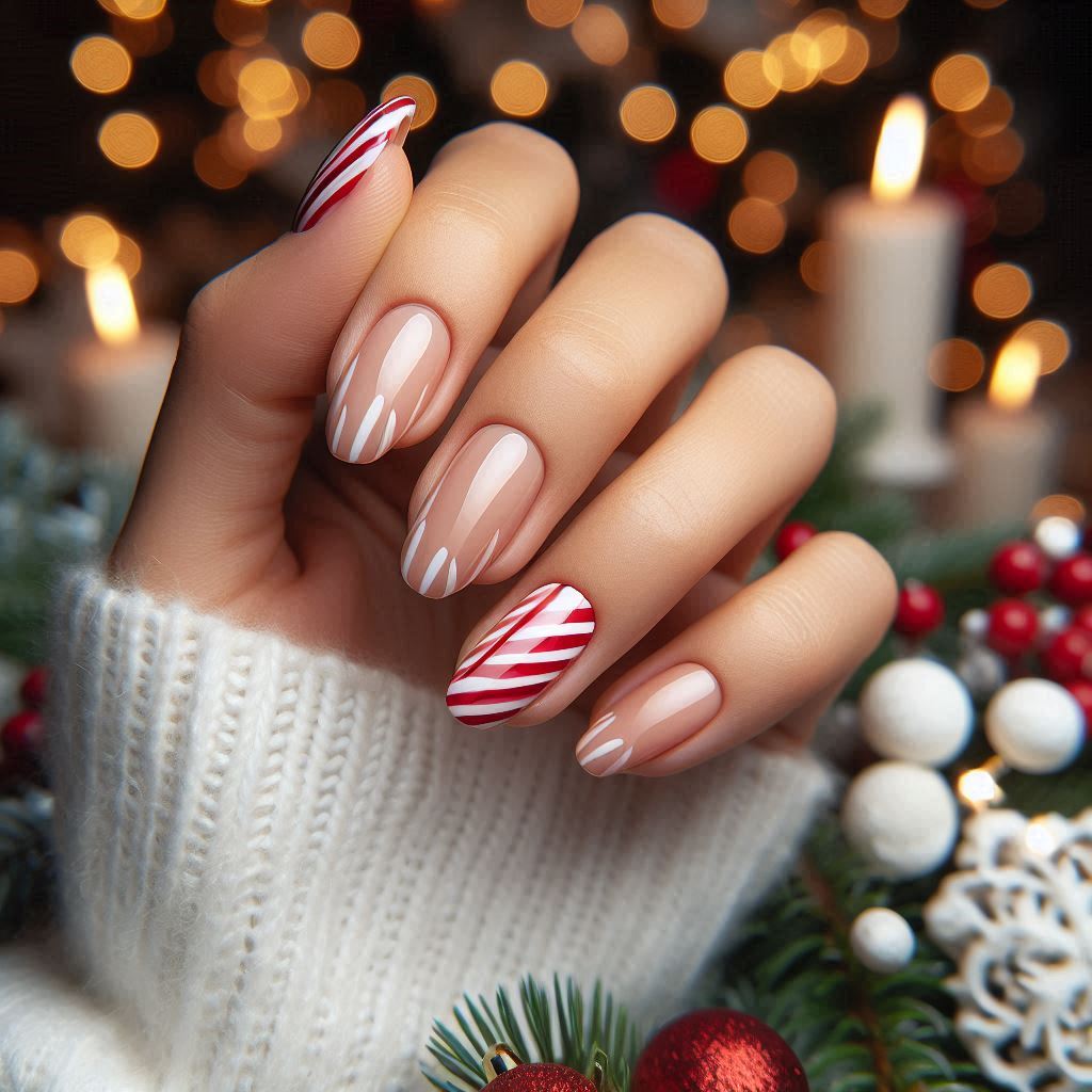 Christmas Nails Gel Short & Simple in Candy Cane Stripes