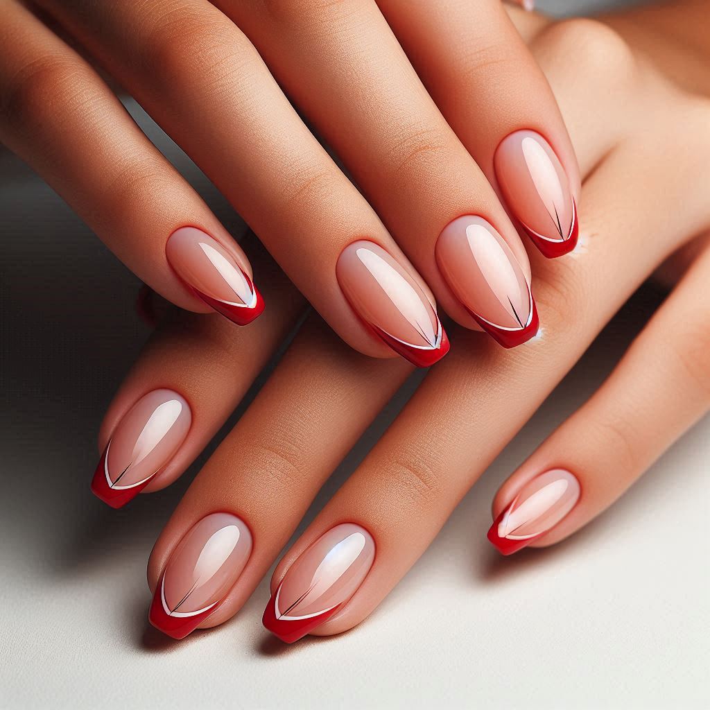 Short Red French Tip Nails with Negative Space