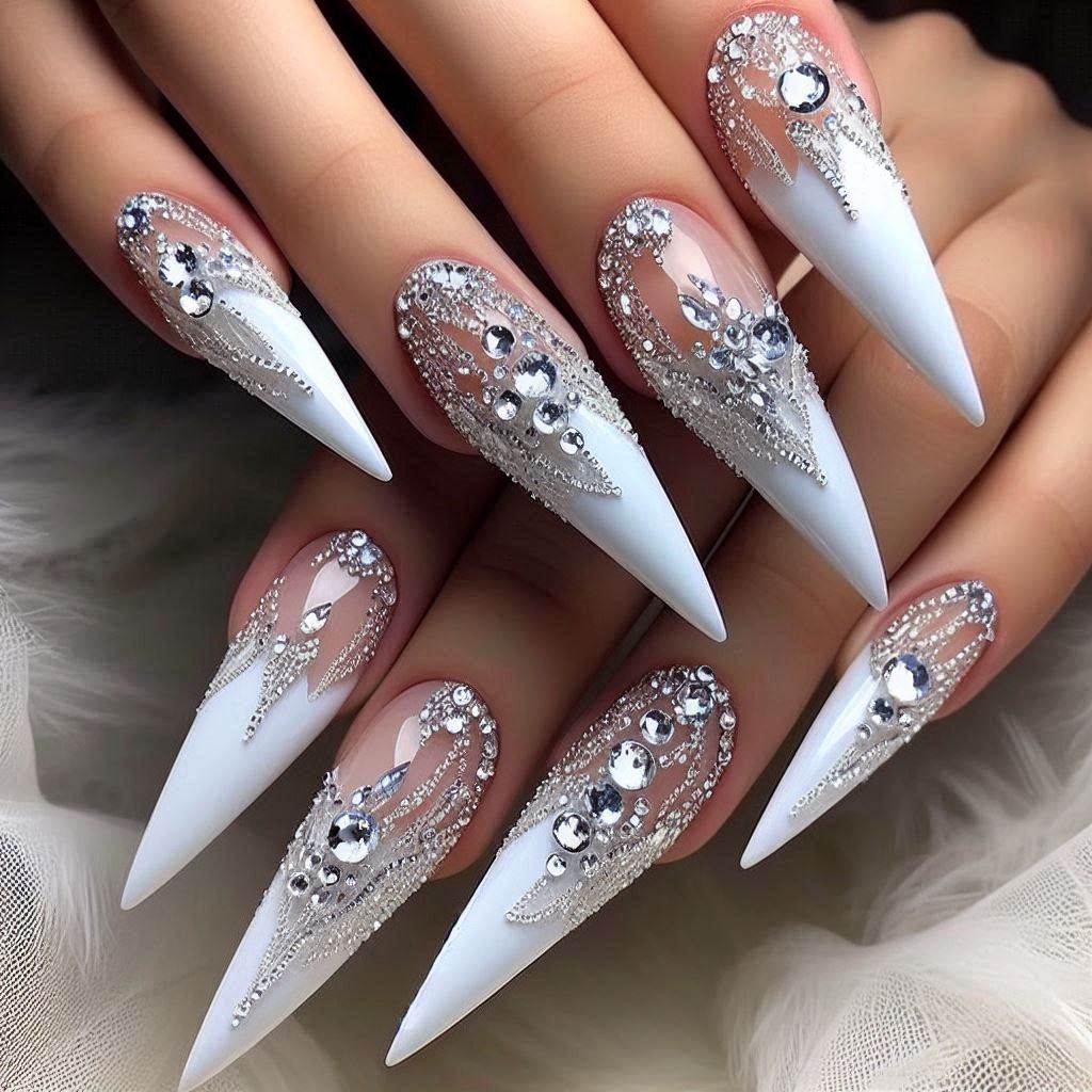 Long French Tip Nails with Rhinestones for an Extravagant Look