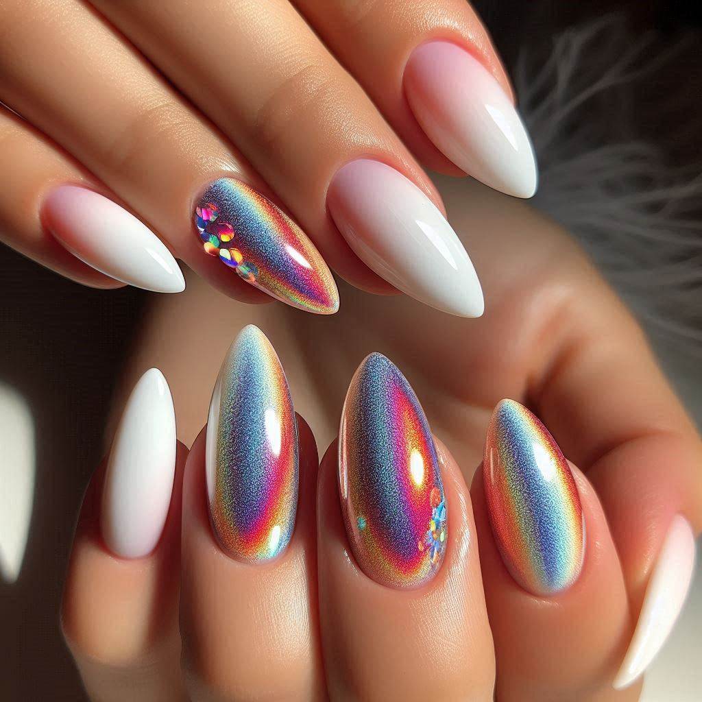 Holographic White Ombre Almond Nails for a Futuristic Glow