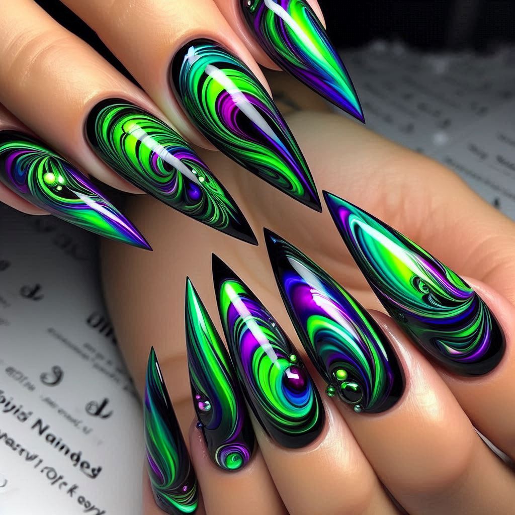 Northern Lights Stiletto Nails