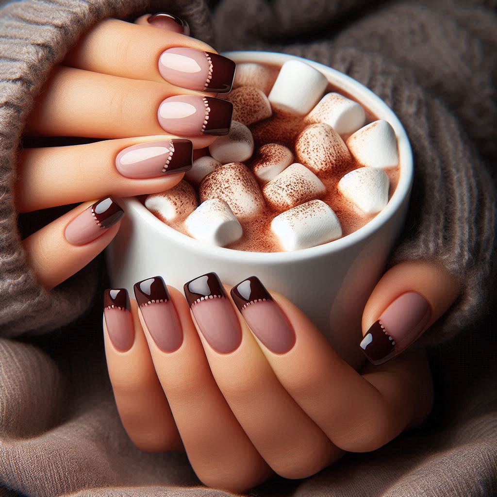 Chocolate Brown French Tip Gel Nails Short