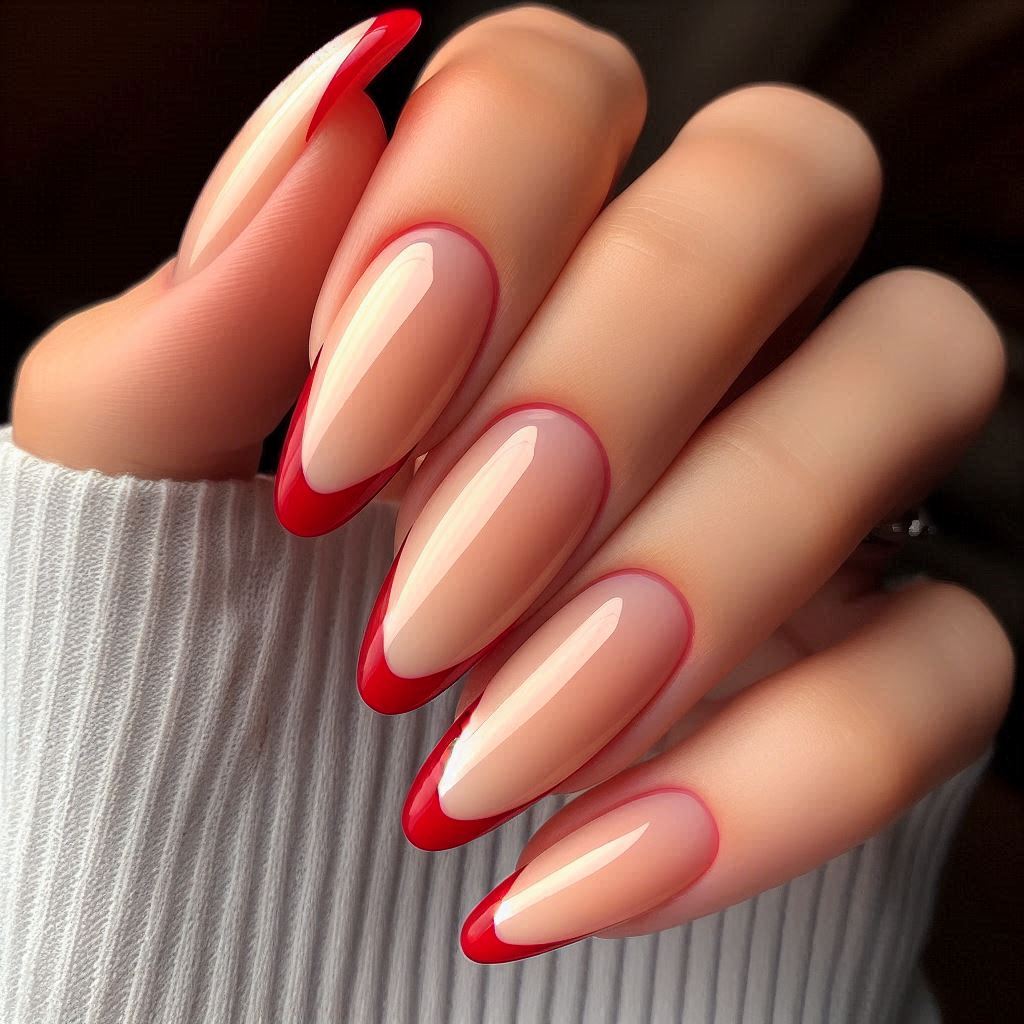 Short Red French Tip Almond Acrylic Nails